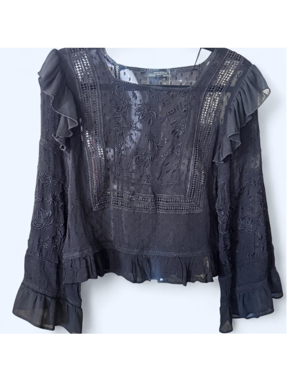 Zara black embroidered blouse with floral and leaf lace motifs, Women's size M